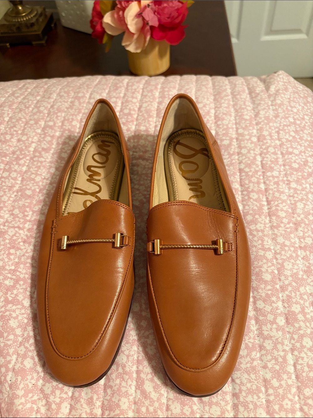 Sam Edelman Men's Cognac Leather Slip-On Loafers with Gold Hardware